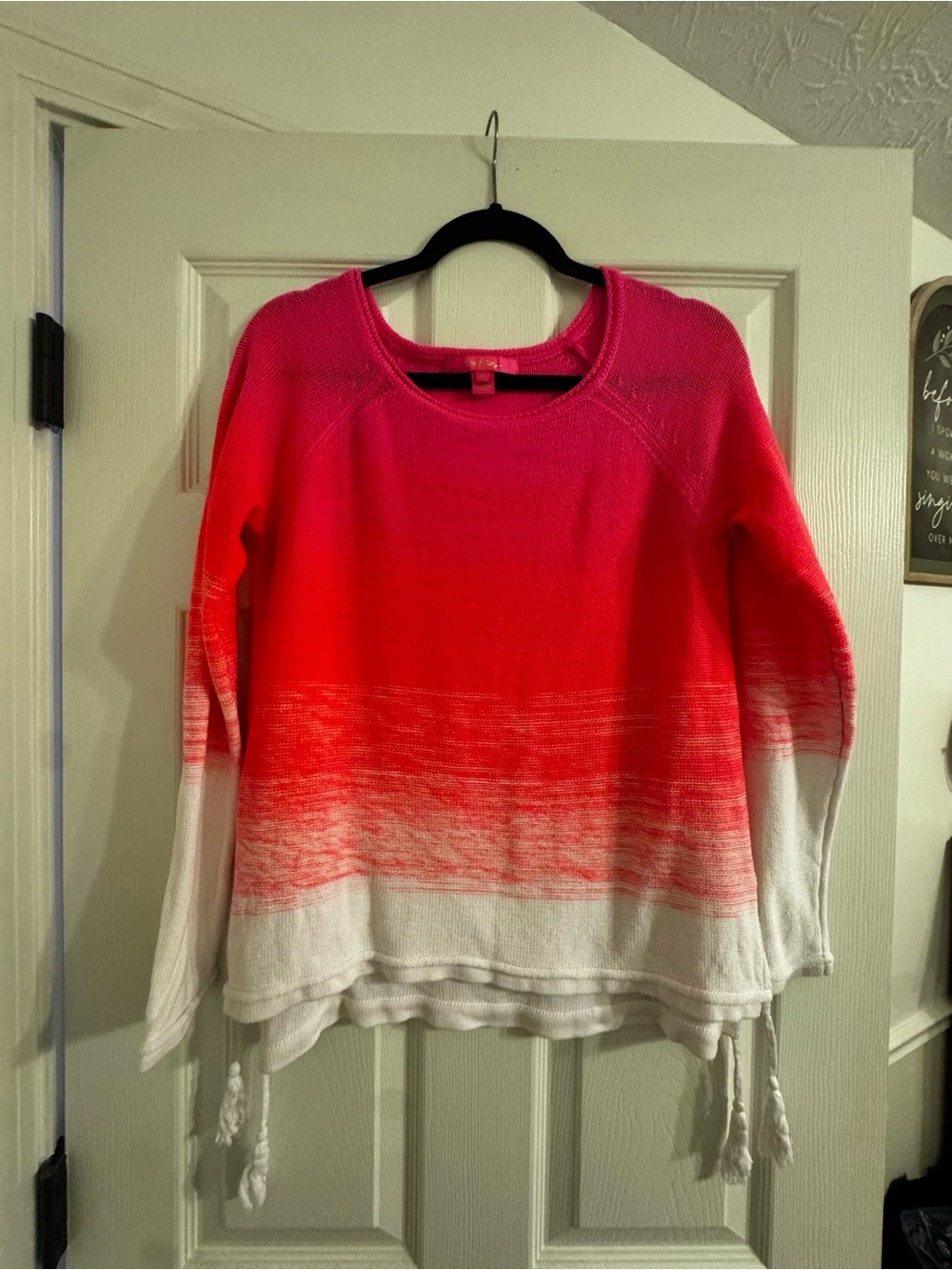 Lilly Pulitzer Ombre Pink to White Crewneck Sweater with Tassel Hem